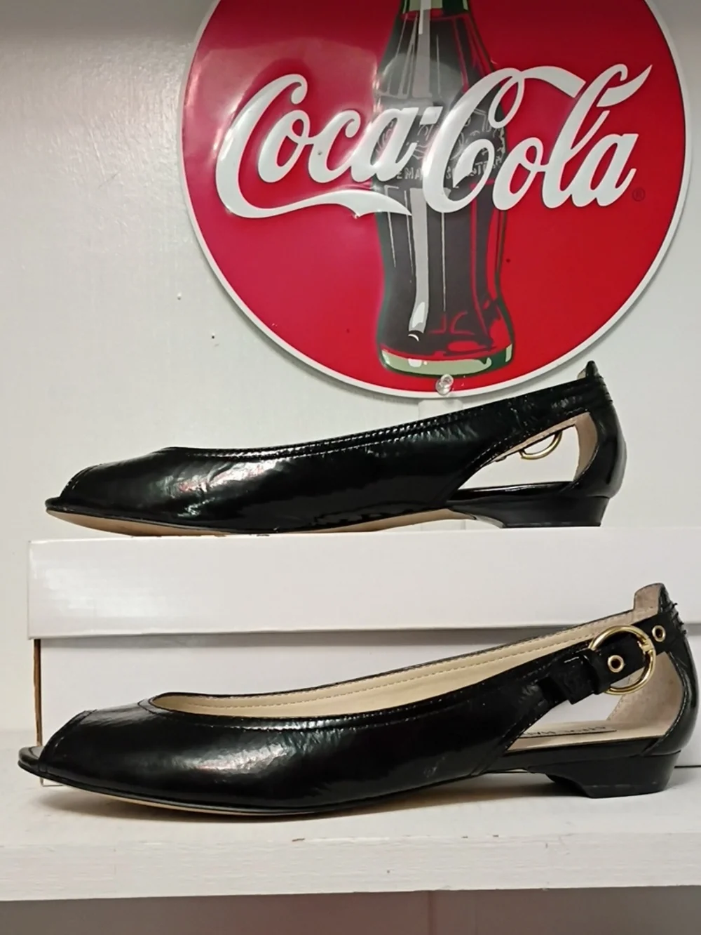 Steve Madden Black Patent Slingback Flats with Gold Buckle Accent